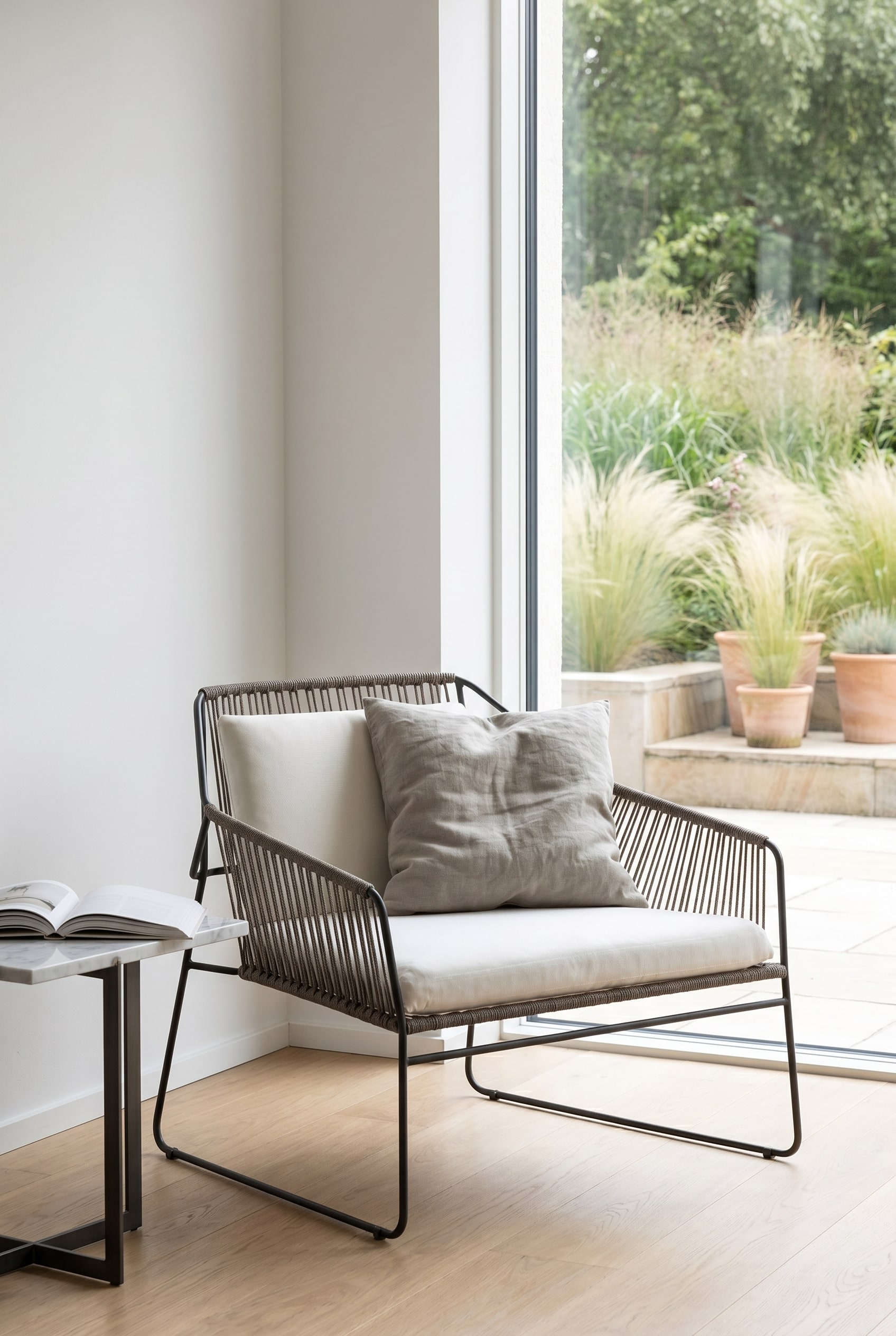 Eine Frühlings-Oase auf der Terrasse mit harmonischer, naturverbundener Dekoration Eine Frühlings-Oase auf der Terrasse mit harmonischer, naturverbundener Dekoration