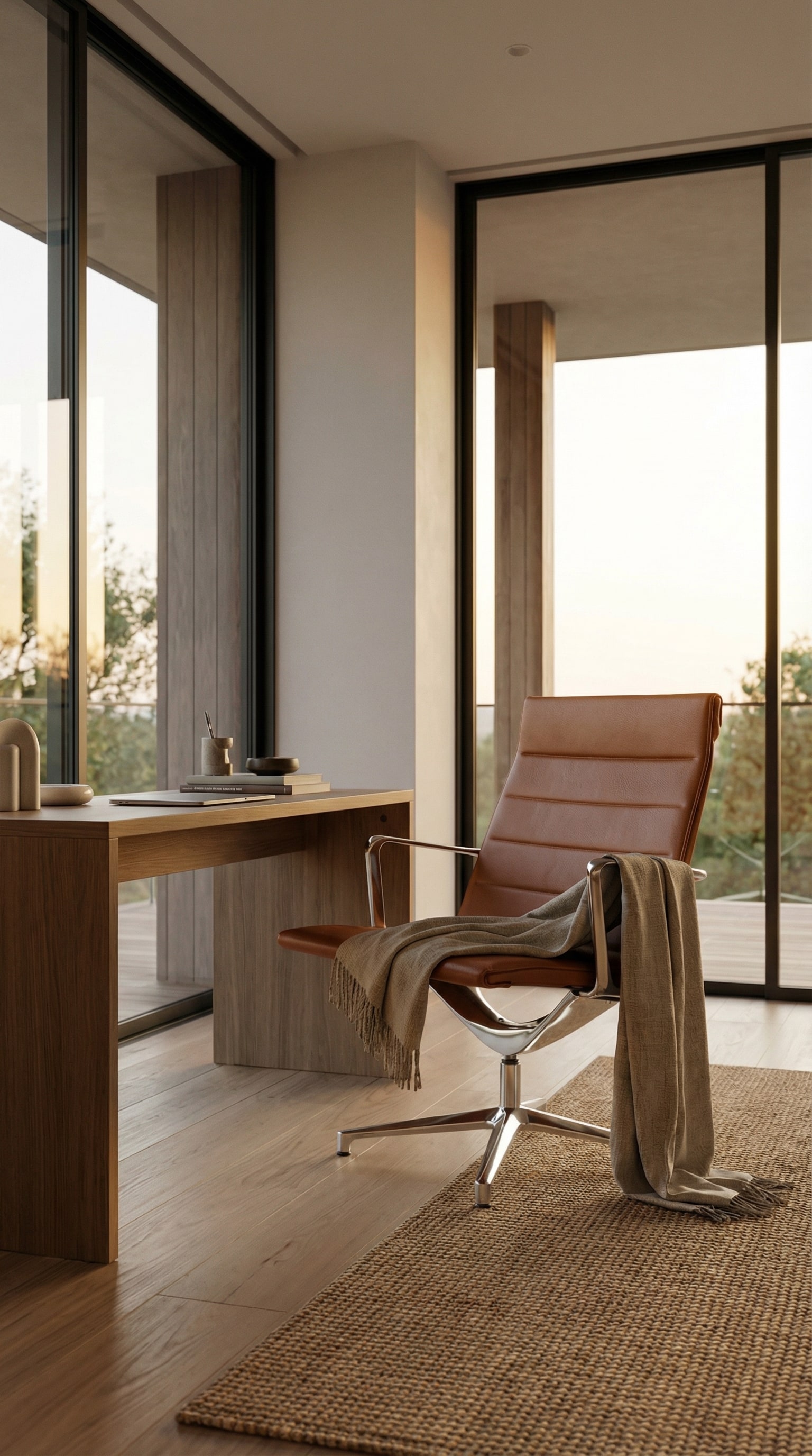 Ein eleganter Home Office Bereich im Wohnzimmer mit einem hochwertigen Lounge-B&uuml;rostuhl in Cognac-Leder, der vor einem stilvollen Echtholzschreibtisch steht.