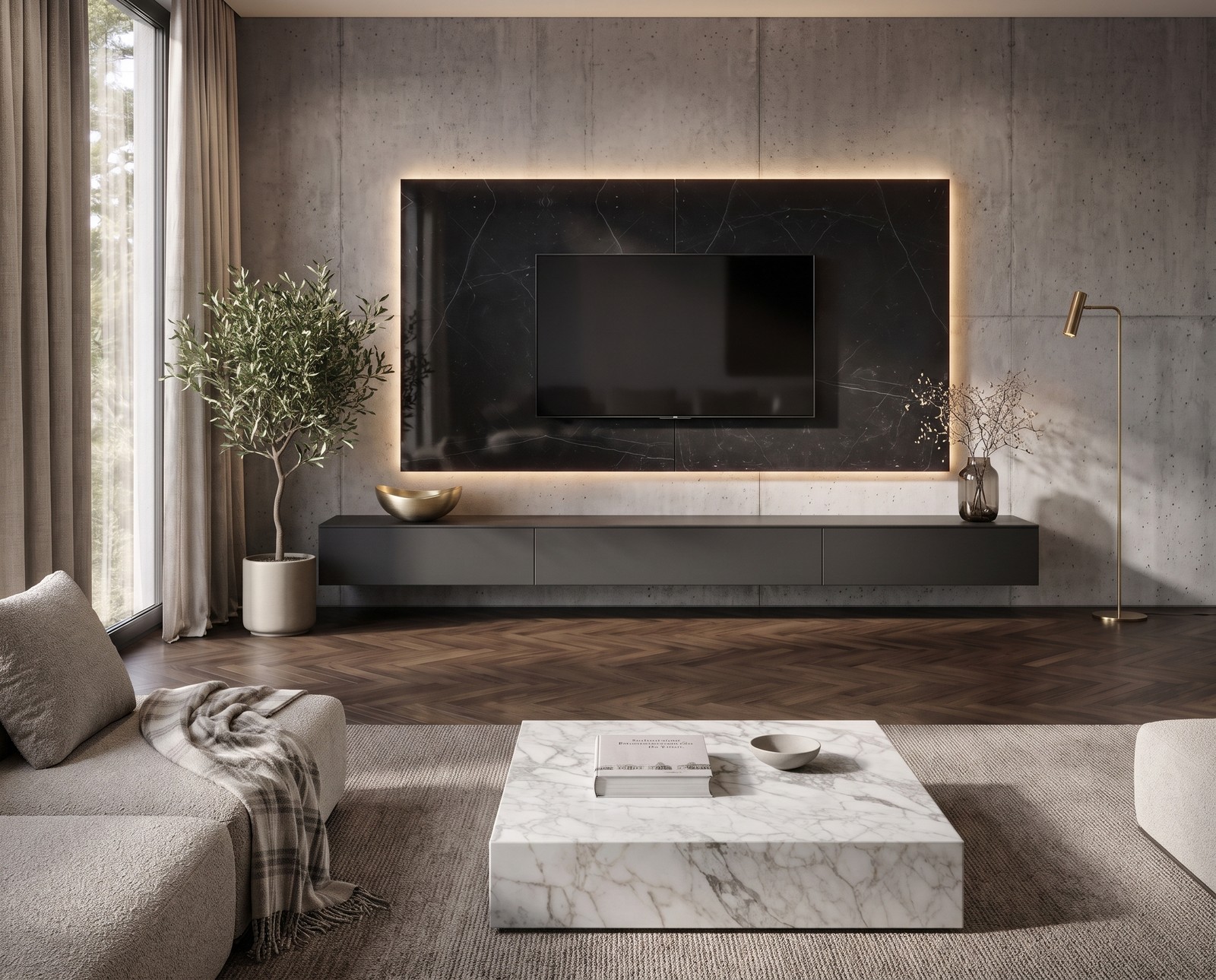 TV Paneel Keramik Schwarz B 240 cm mit Fernseher im Wohnzimmer TV Paneel Keramik Schwarz B 240 cm mit Fernseher im Wohnzimmer