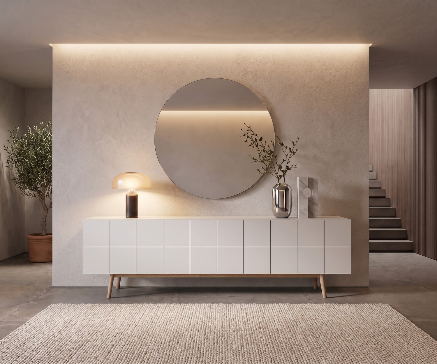Modernes Design-Sideboard MOS-I-KO 003 B in Weiß mit Holzbeinen Design-Sideboard MOS-I-KO 003 B von al2 für das Wohnzimmer. Weißes Fliesen-Optik Board mit Holzbeinen im minimalistischen Raum