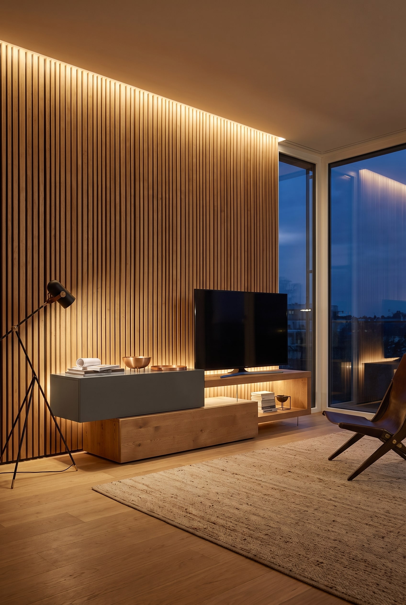 Moderne Livitalia Wohnwand C32 mit indirekter warmer LED-Beleuchtung hinter Eichenholz-Lamellen im Wohnzimmer.