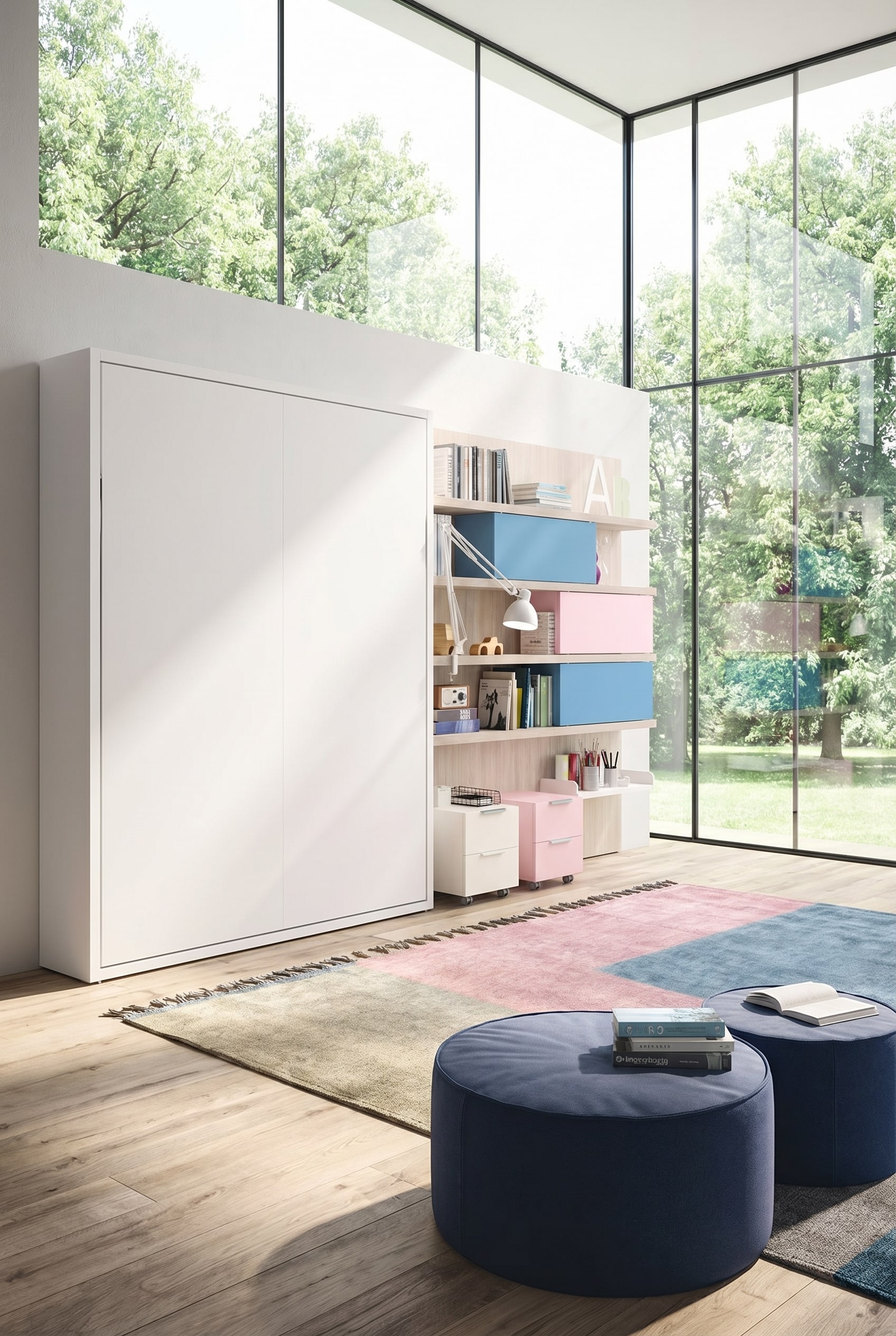 Ein helles Kinderzimmer mit einem platzsparenden, eingeklappten Etagen-Schrankbett, gro&szlig;en Fenstern und viel freier Spielfl&auml;che.