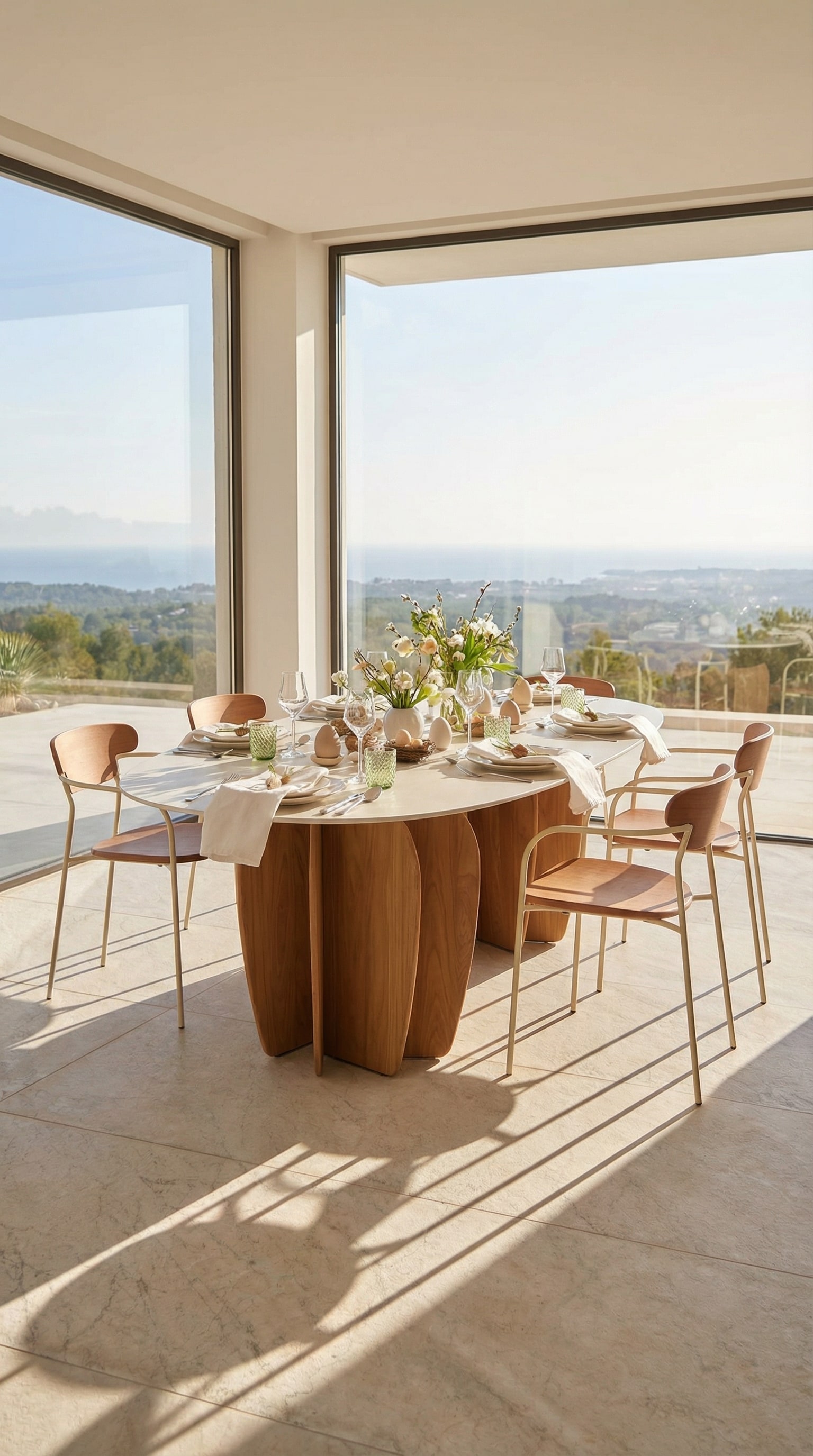 Architektonischer Outdoor Esstisch auf einer eleganten Steinterrasse mit weitem Ausblick Architektonischer Outdoor Esstisch auf einer eleganten Steinterrasse mit weitem Ausblick