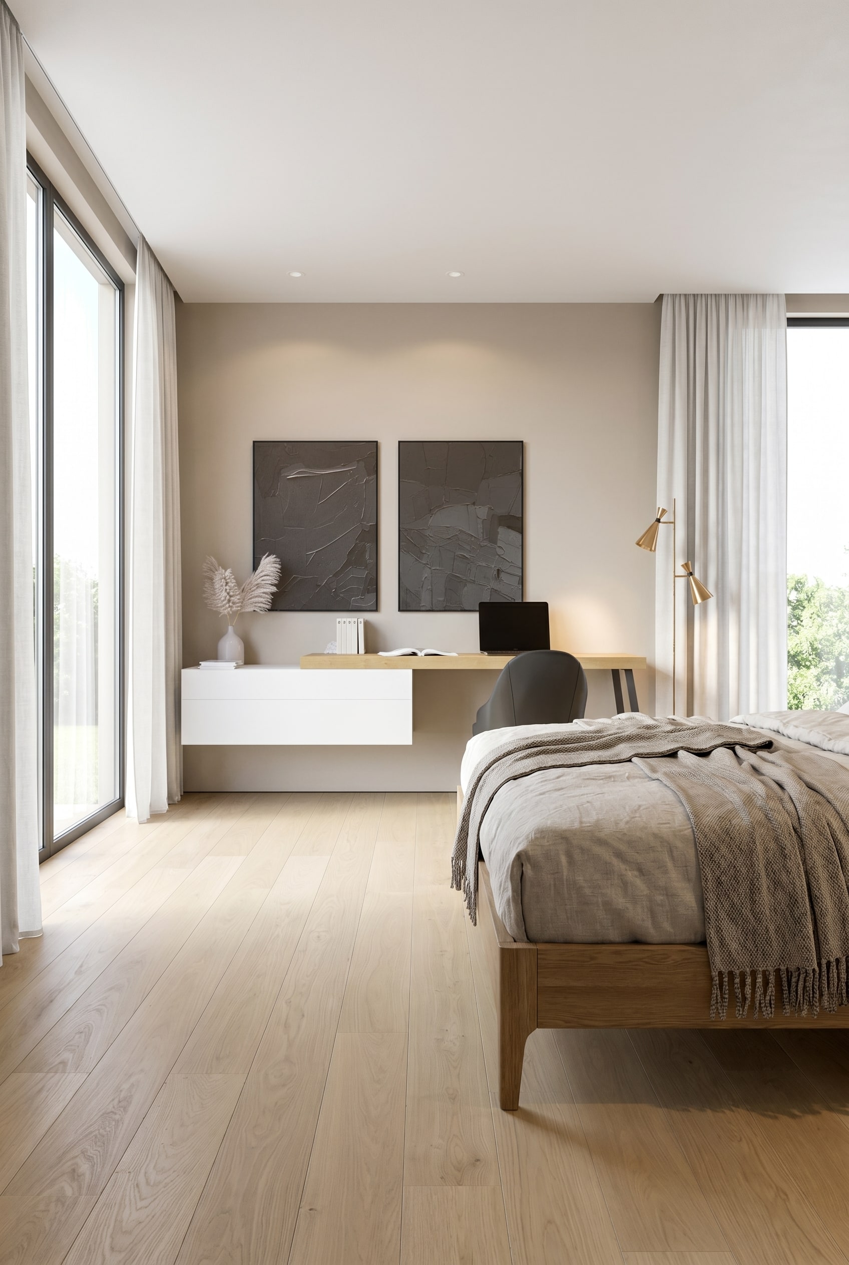 Modernes Schlafzimmer mit Eichenholz-Bett und schwebender Livitalia Ecletto Wandkommode in mattem Weiß