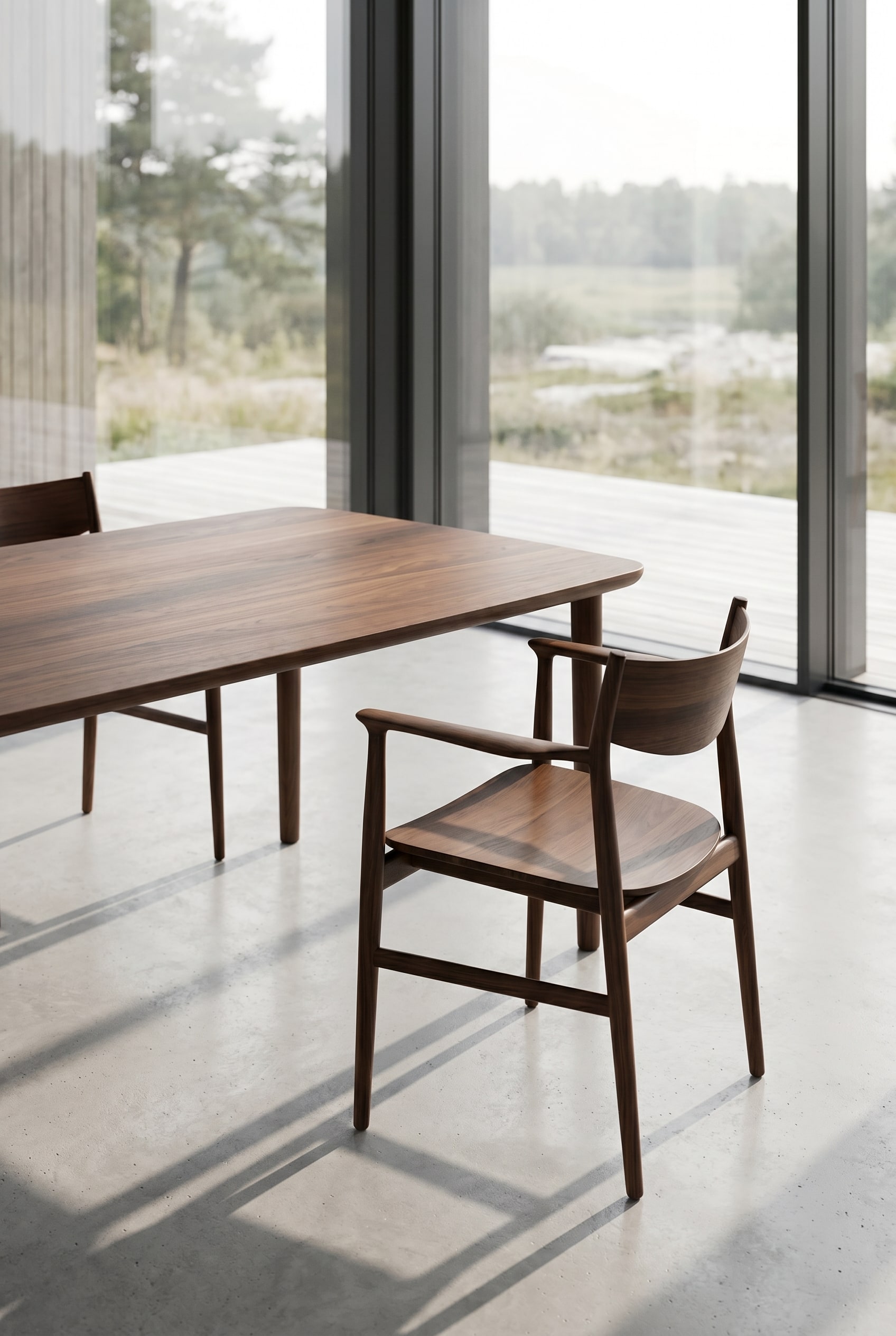Elegantes Esszimmer mit minimalistischem Armlehnenstuhl aus dunklem Holz und gro&szlig;er Tischplatte aus Nussbaum