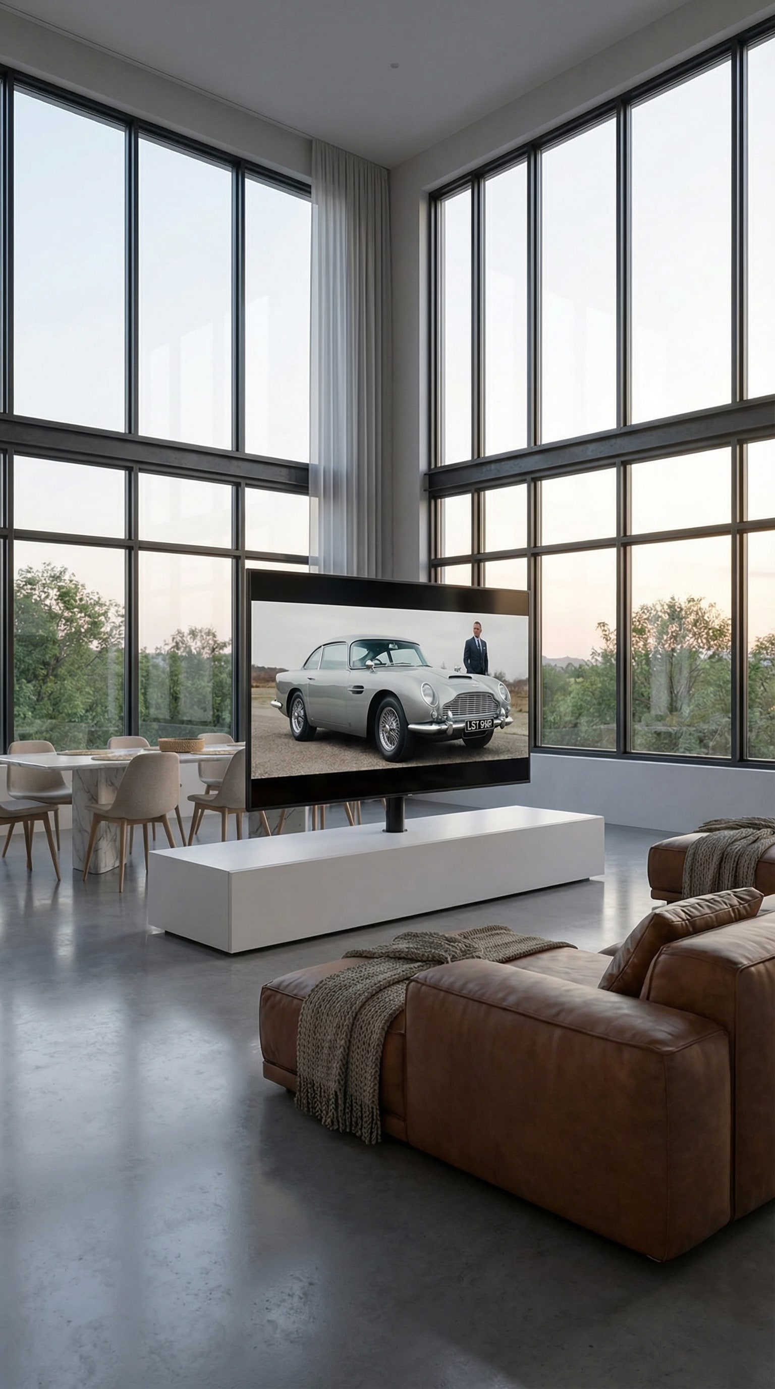 Freistehender schwarzer Livitalia Roto Slim TV Raumteiler in einem gro&szlig;en Loft mit bodentiefen Fenstern