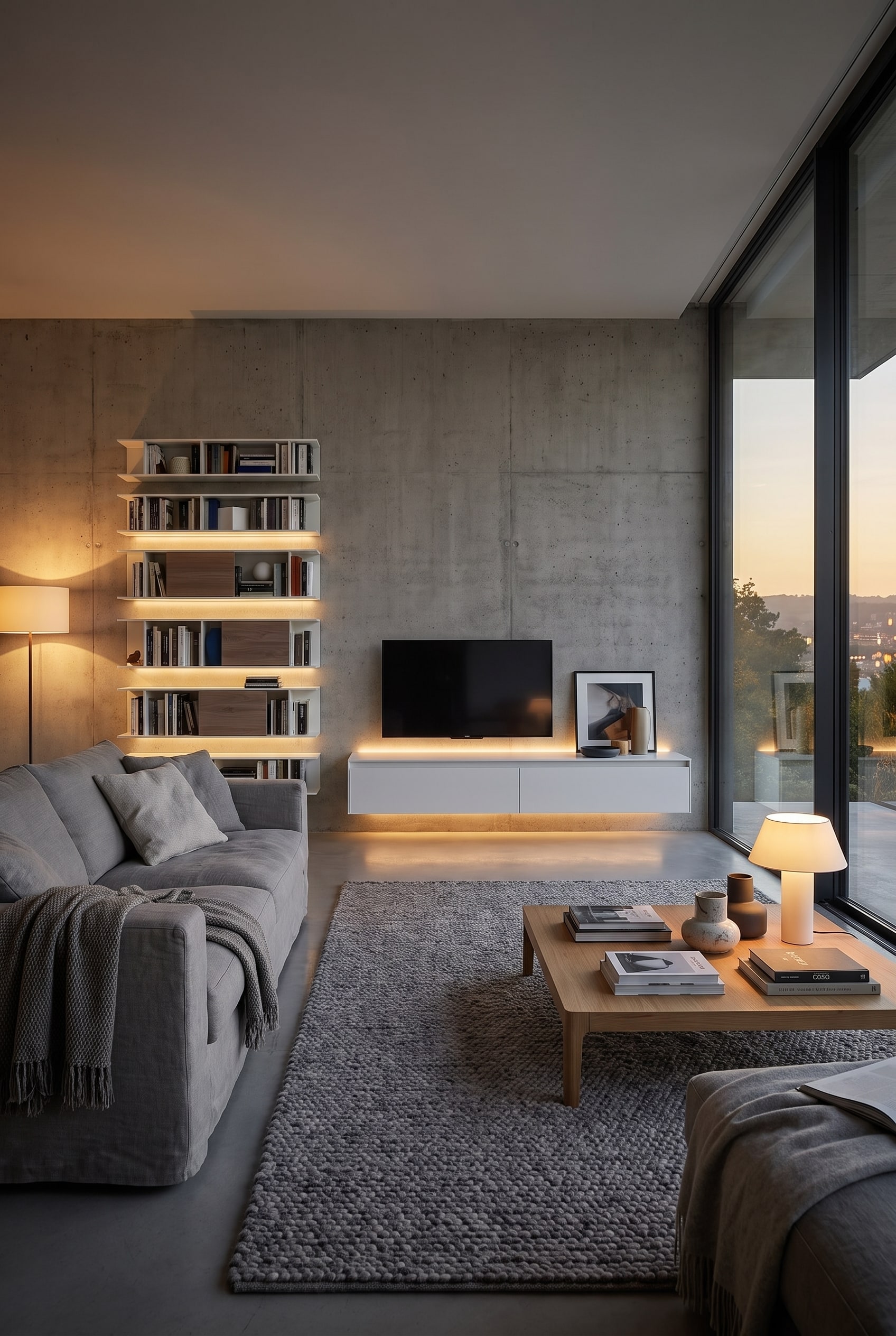 Frontalansicht des Wohnzimmers mit beleuchtetem Wandregal, grauem Sofa und überbreitem schwebendem TV-Board.