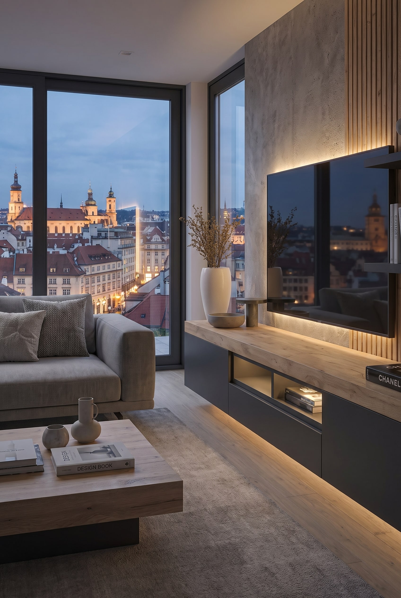 Modernes Wohnzimmer mit einer eleganten Wohnwand, die durch den starken Kontrast von warmem Eichenholz und dunkelgrauem Mattlack ins Auge f&auml;llt.