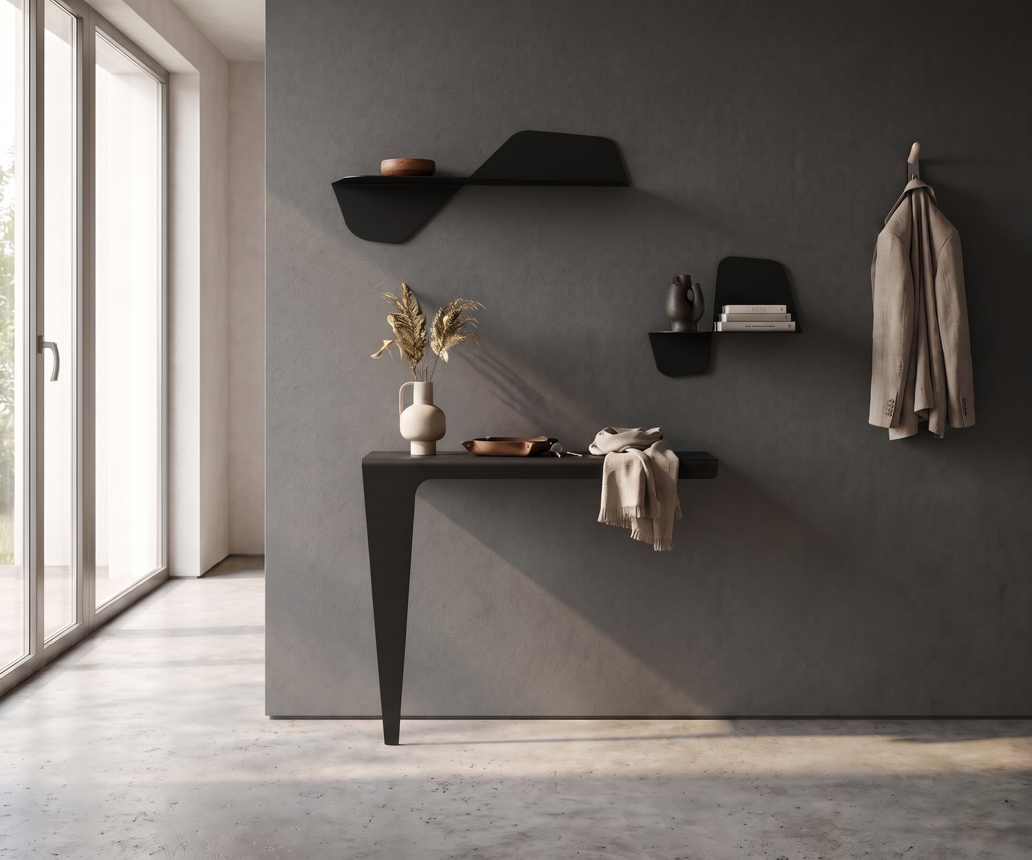 Wandkonsole Lama aus Metall von MEME Design im modernen Flur mit Wandregalen und minimalistischer Deko.