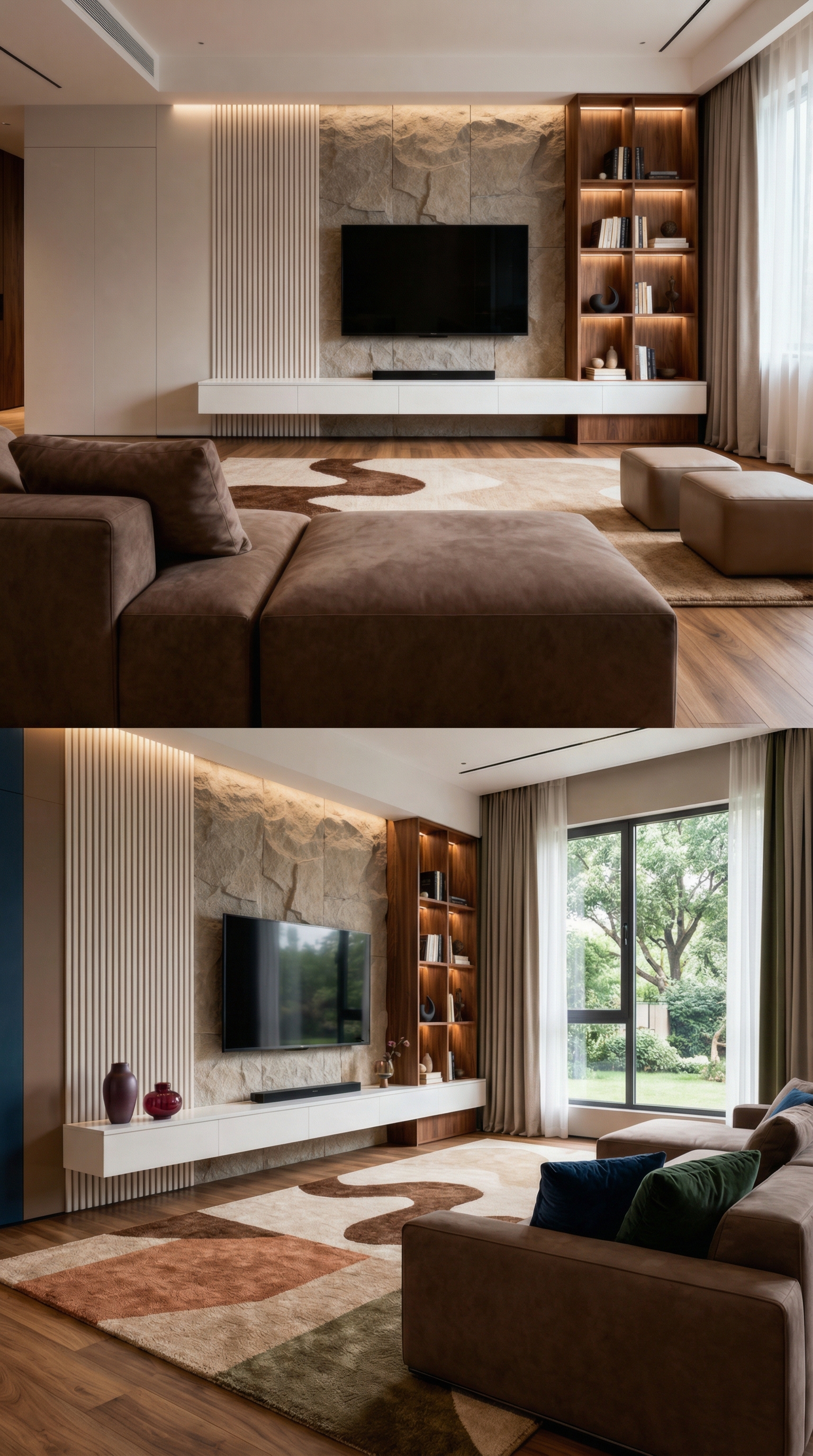 Modernes Wohnzimmer mit warmer Beleuchtung und gem&uuml;tlicher Atmosph&auml;re Trend 2026