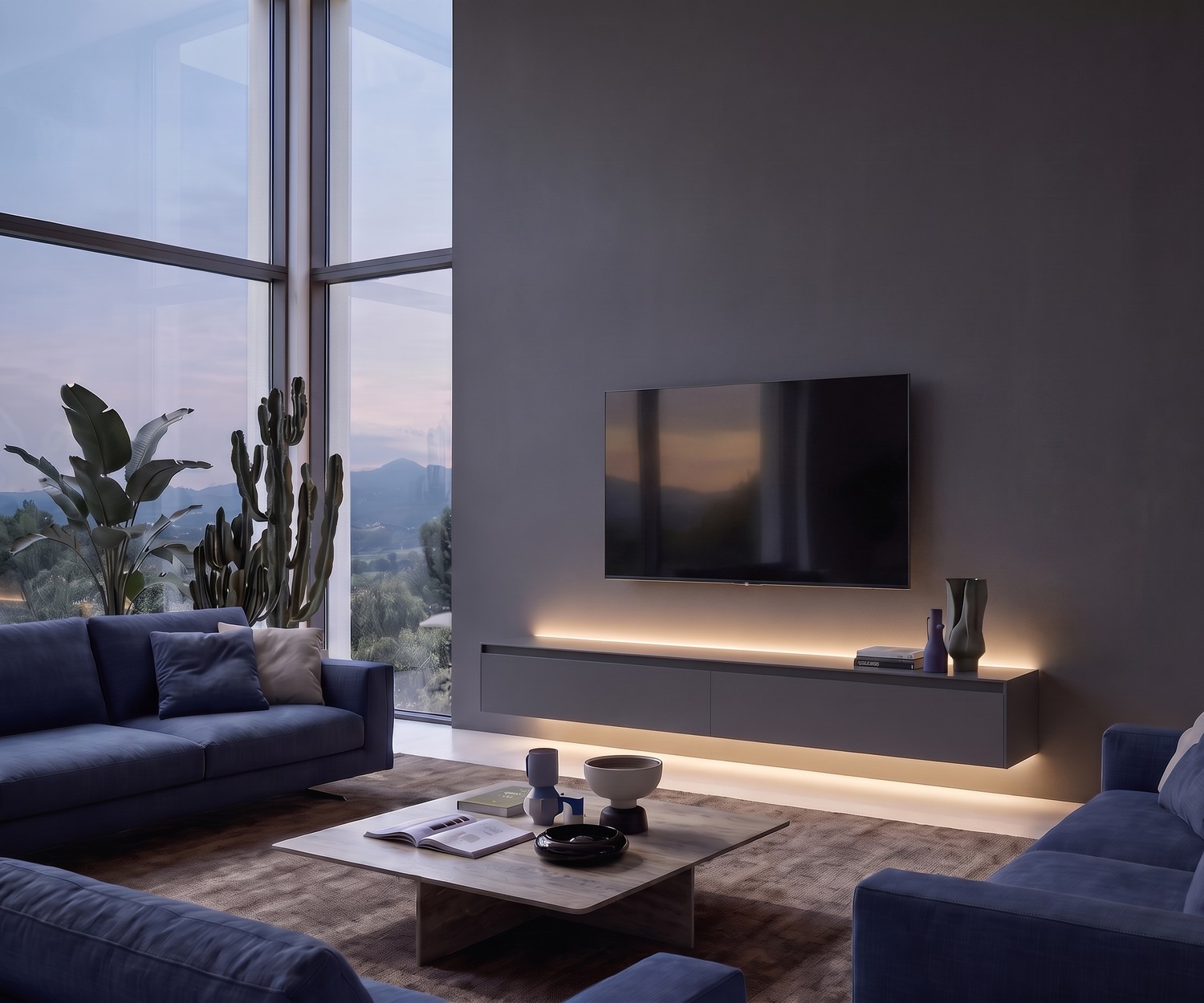Novamobili Reverse TV Lowboard hängend mit LED Novamobili Reverse TV-Lowboard hängend für Fernseher im grauen, modernen Wohnzimmer mit LED-Beleuchtung.