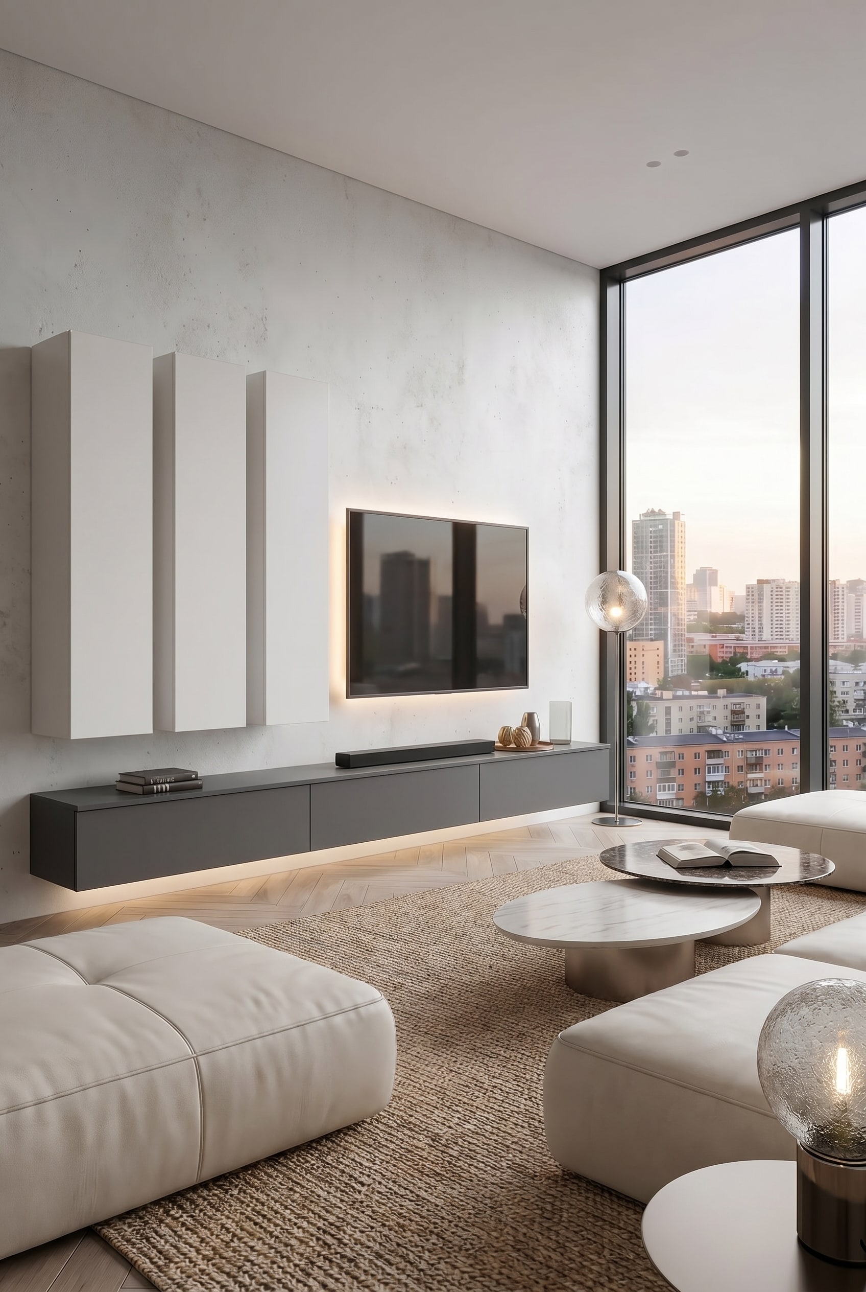 Wohnwand mit optimalem Abstand f&uuml;r Soundbars und akustisch durchl&auml;ssigen Fronten