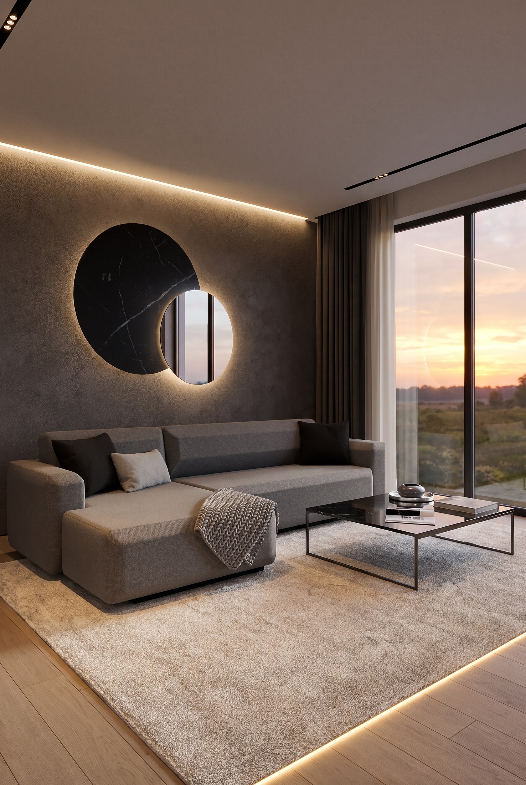 Gem&uuml;tliches Wohnzimmer mit elegantem braunen Schlafsofa, hellem Teppich, dunklem Couchtisch und warmer indirekter Beleuchtung