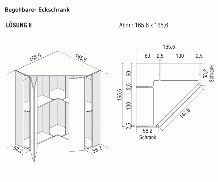 Begehbarer Eckschrank Alfa YNCA 165x165 cm