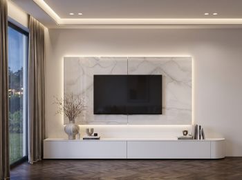 Novamobili TV Paneel Keramik Weiß Hochglanz (Light Stone Bianco), B 240 cm, mit LED-Beleuchtung