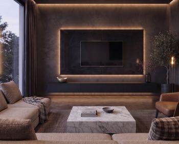 TV Paneel Keramik Schwarz B 240 cm im dunklen Wohnzimmer mit indirektem Licht